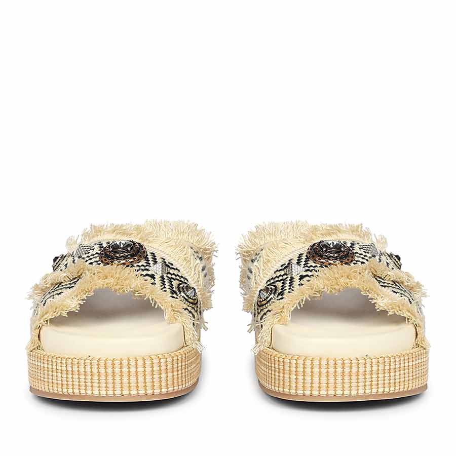 Saint Lenora Raffia Fringe Beige Leather Platform Sandals