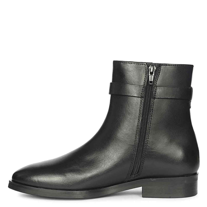 Saint Reese Black Leather Gold Buckle Decor Ankle Boots