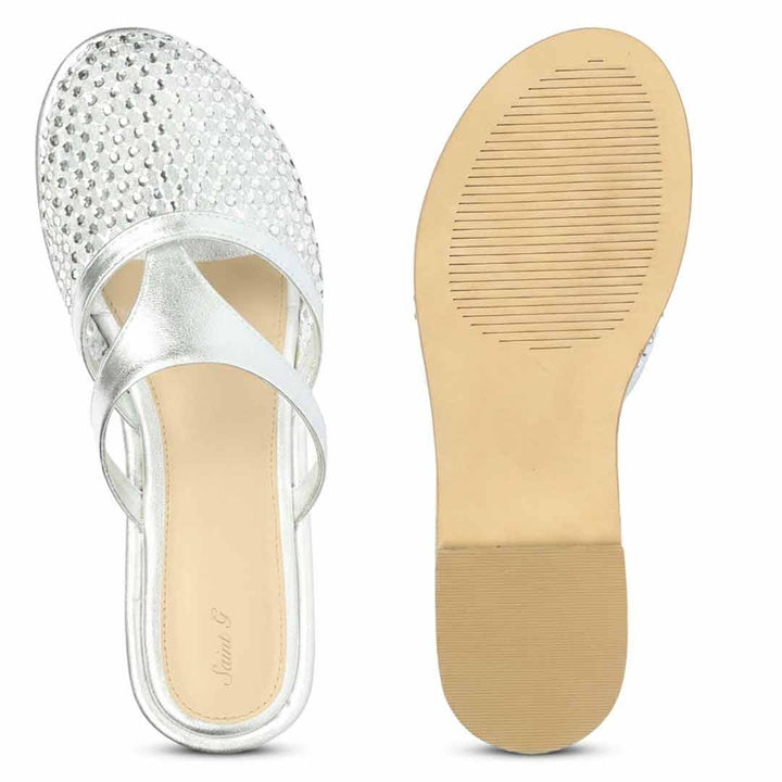 Durable sole of silver leather mule flats designed for comfortable wear