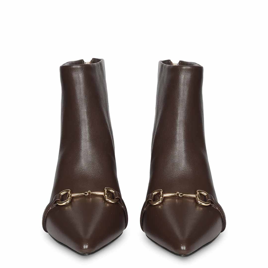 Saint Ashley Brown Leather Gold Horsebit Décor Back Zip Boots