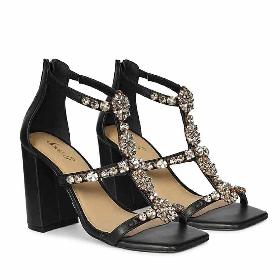 Saint Holly Crystal Stone Black Leather Block Heels