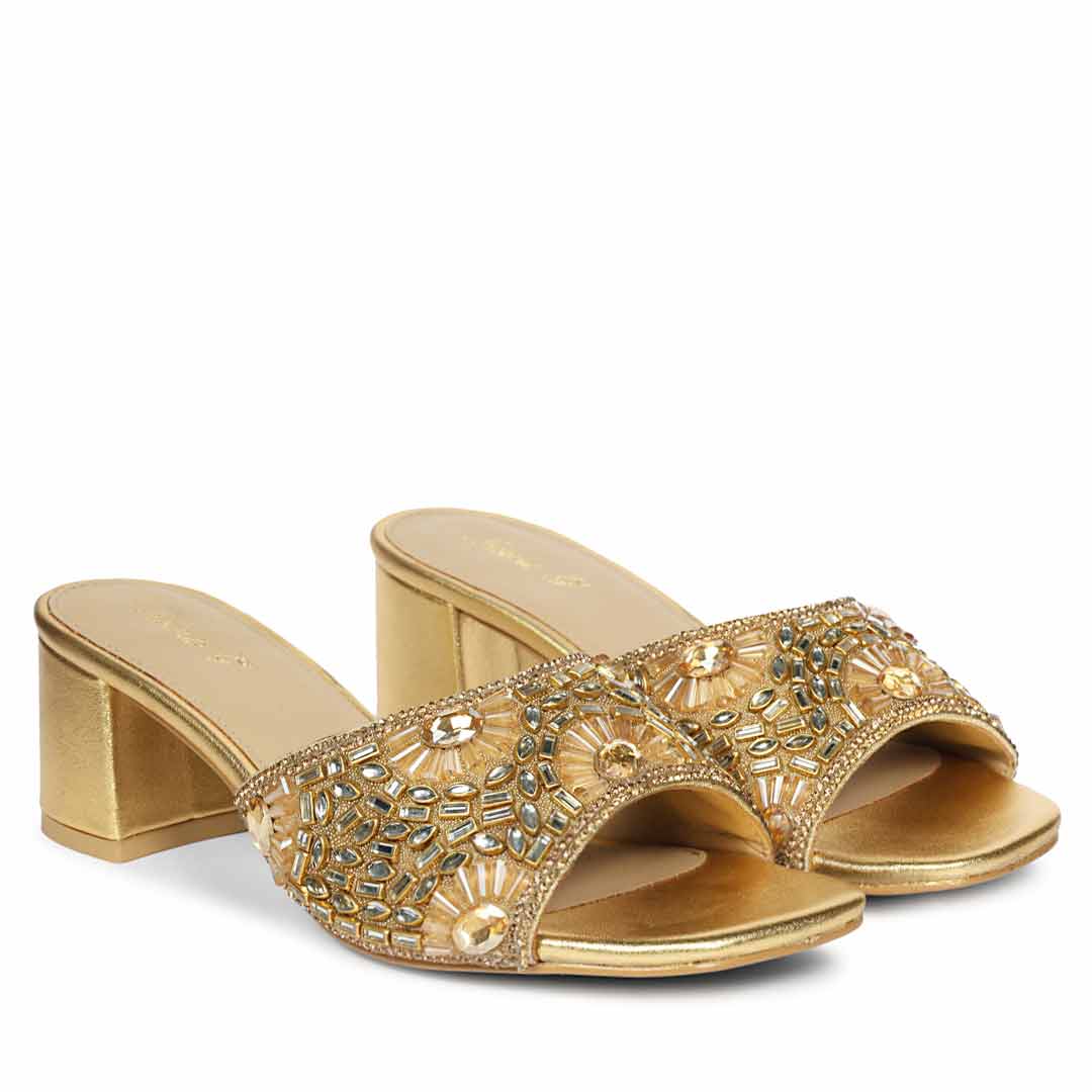 Saint Torin Embroidered Metallic Gold Leather Heels