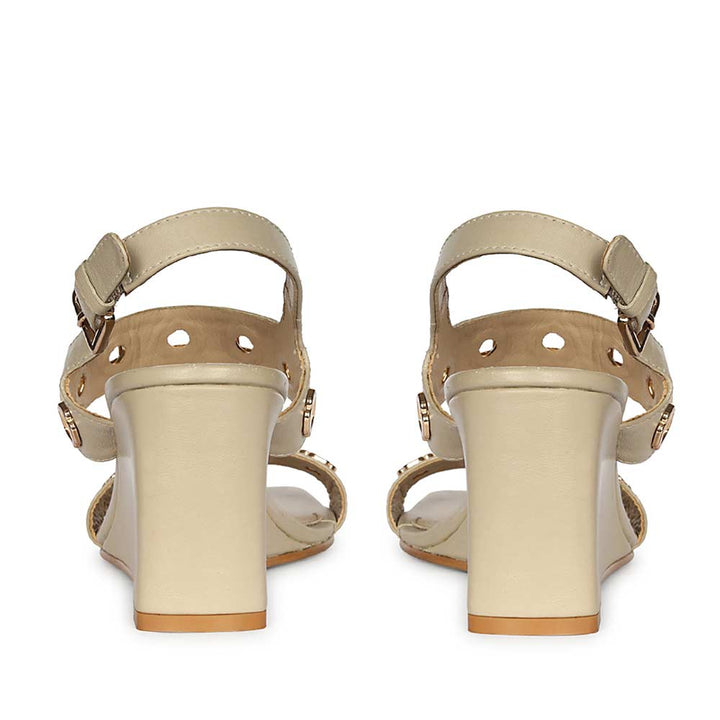 Saint Kendall Gold Flower Eyelets Beige Leather Wedge Heels