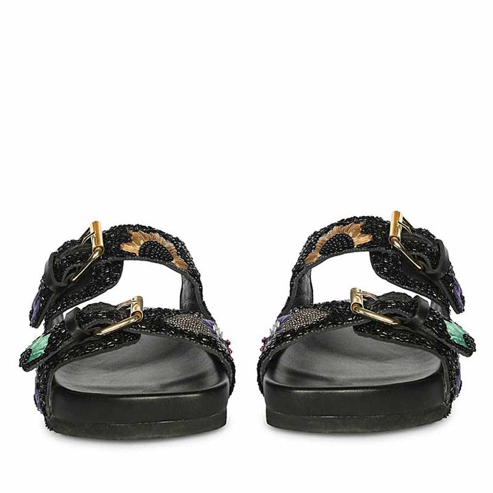 Black leather footbed sandals with floral hand embroidery and cushioned comfort