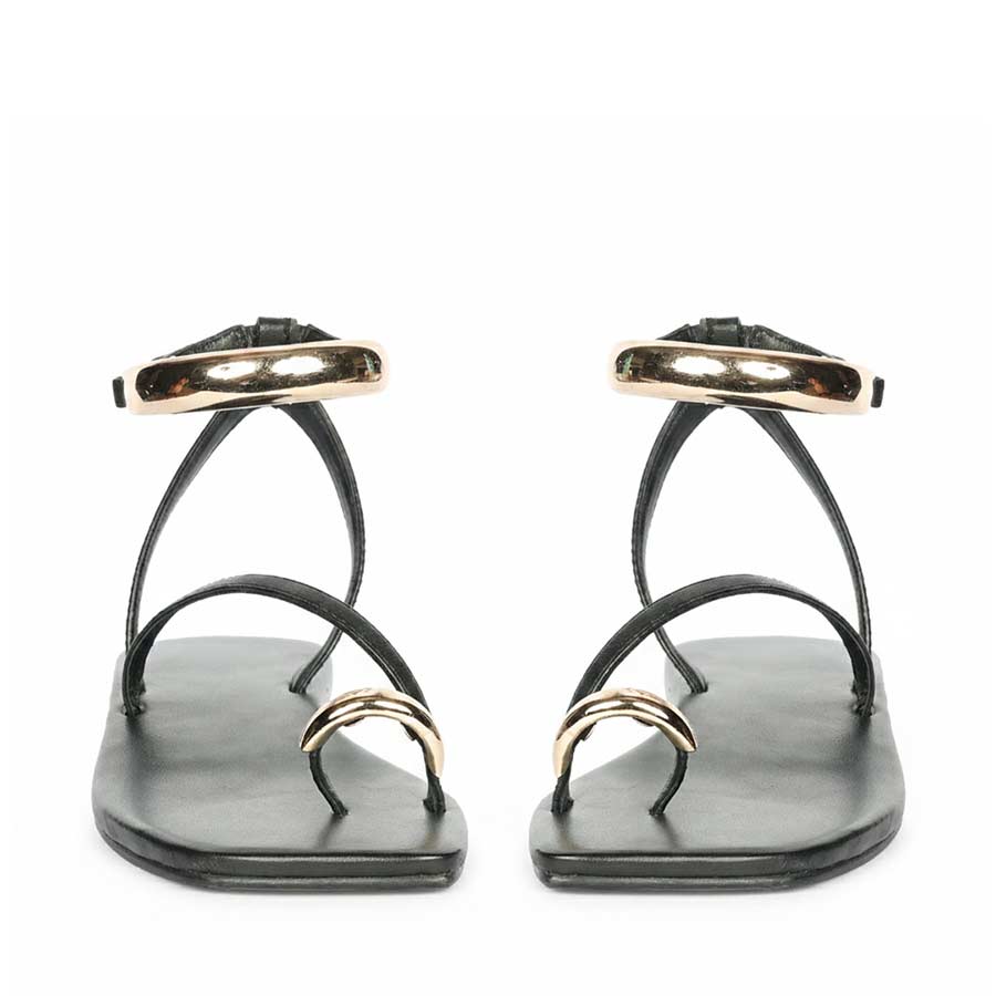 Saint Zinovia Gold-Trim Black Leather Sandals