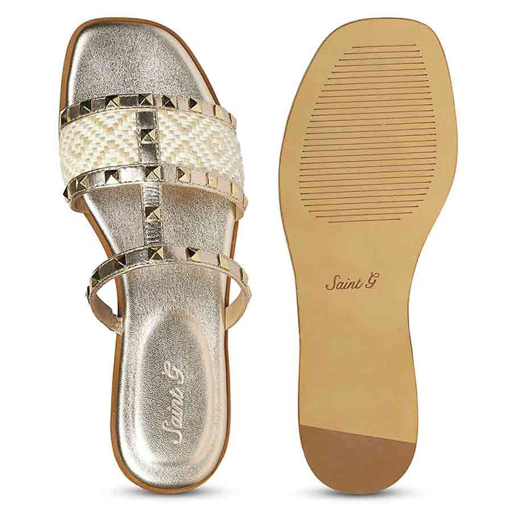 Saint Nylah Raffia & Pyramid Stud Metallic Gold Leather Slide