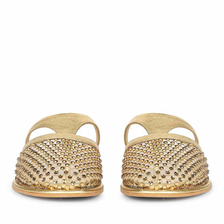 Gold leather mule flats with crystal mesh embellishment for women