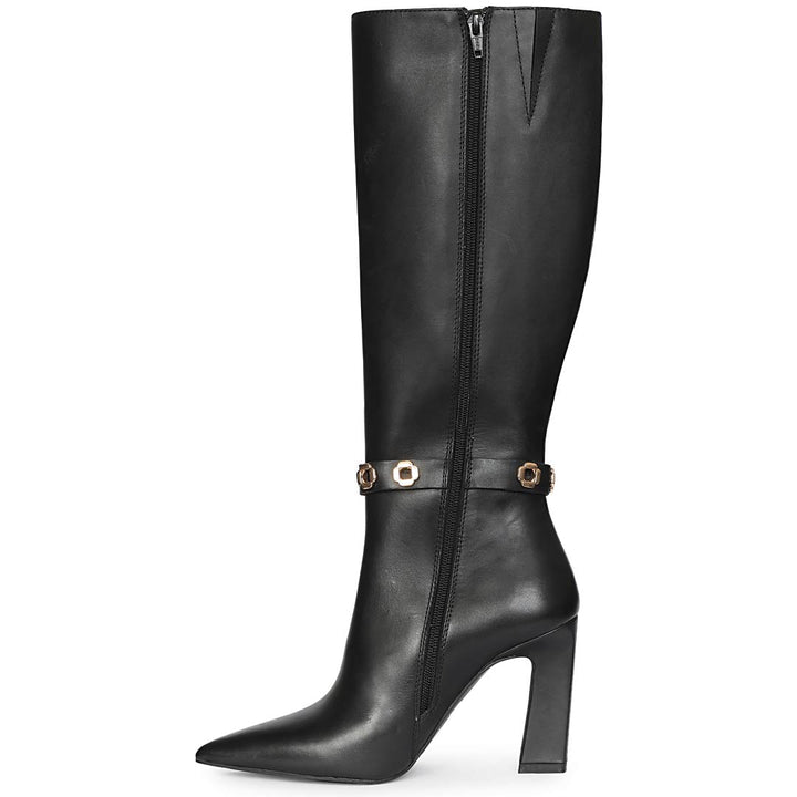 Saint Axelle Flower Eyelet Black Leather Knee-High Boots