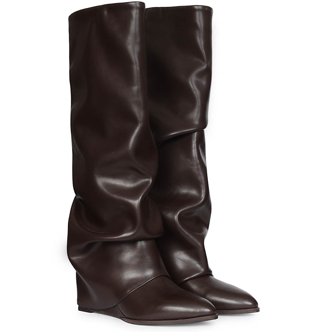 Saint Arlet Slouch Fold-Over Brown Wedge Knee-High Boots