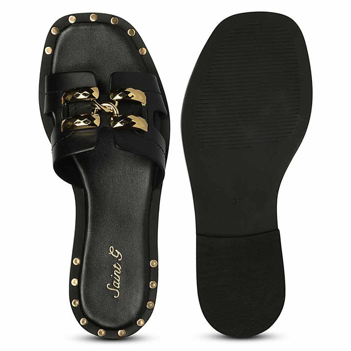Saint Alaina Black Leather Slides
