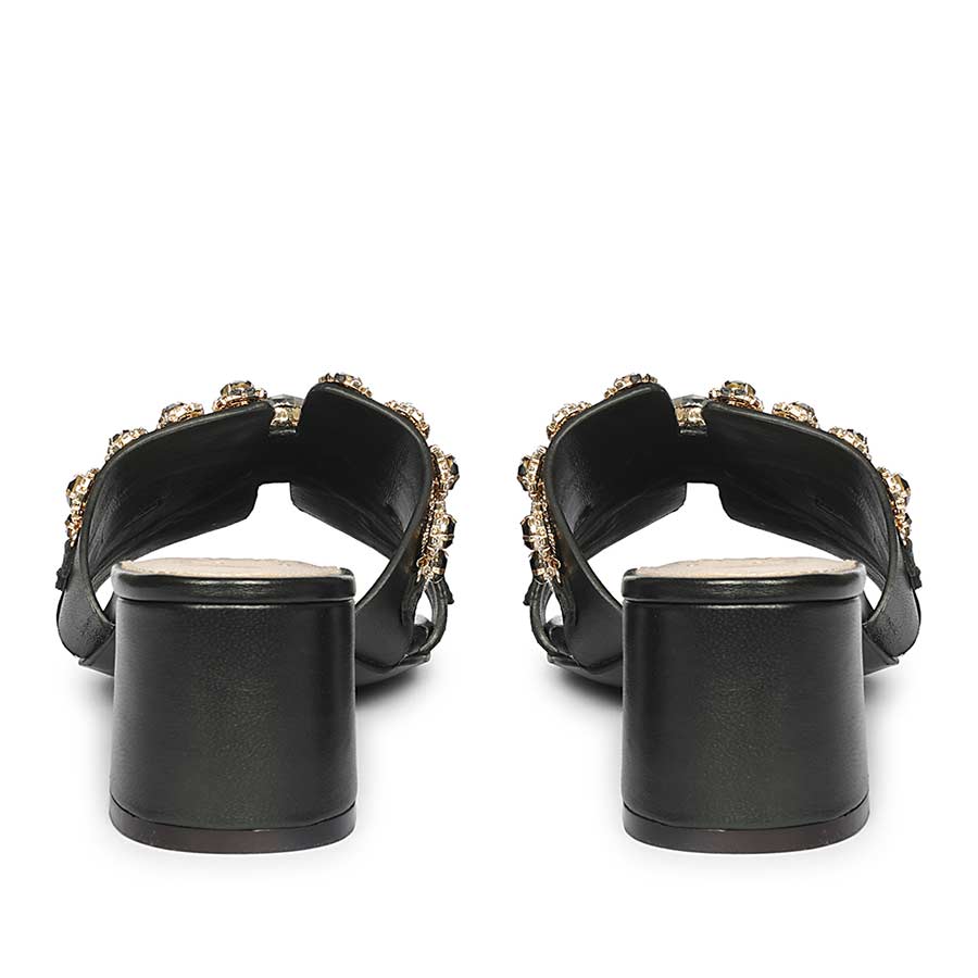 Saint Fiorenza Stone Embroidered Black Leather Block Heels