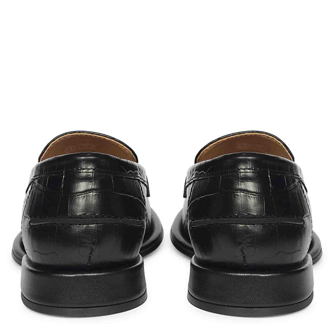 Saint Carla Croco Embossed Black Leather Moccasins