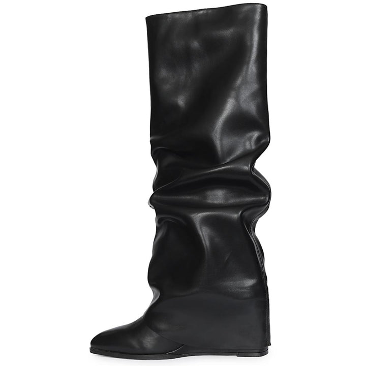 Saint Arlet Slouch Fold-Over Black Wedge Knee-High Boots
