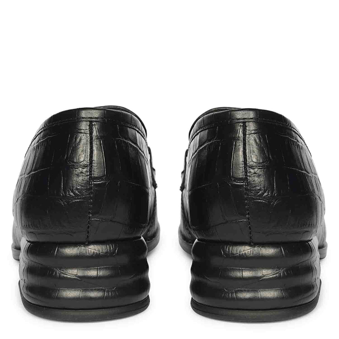 Saint Jacqueline Croc Embossed Black Leather Moccasins