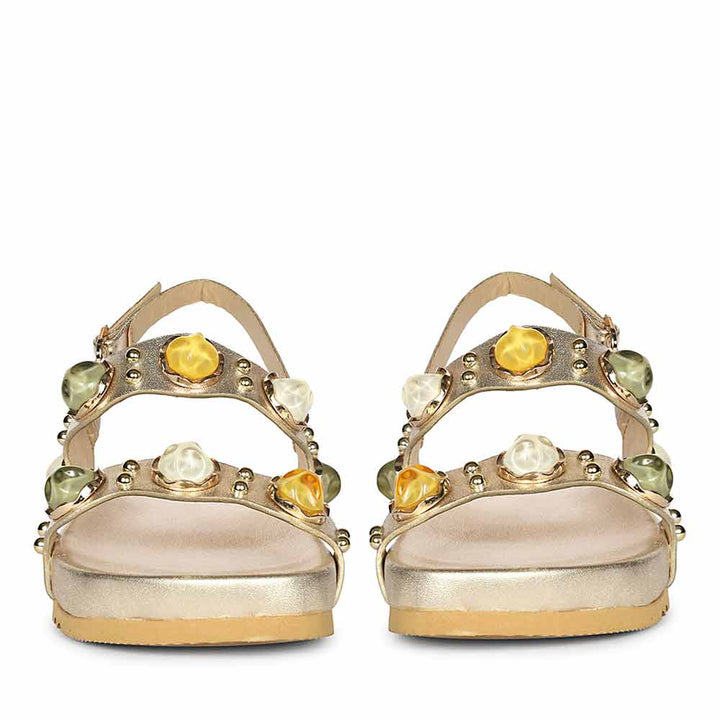 Metallic gold leather footbed sandals with multi-stone embellishments