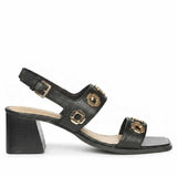Saint Alviera Gold Flower Eyelets Black Leather Block Heels