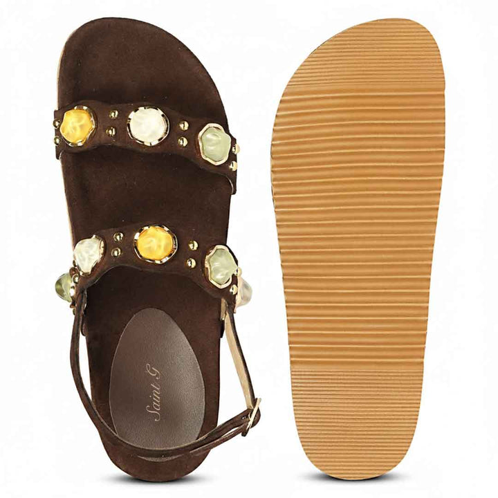 Platform sole of brown suede leather sandals with durable grip
