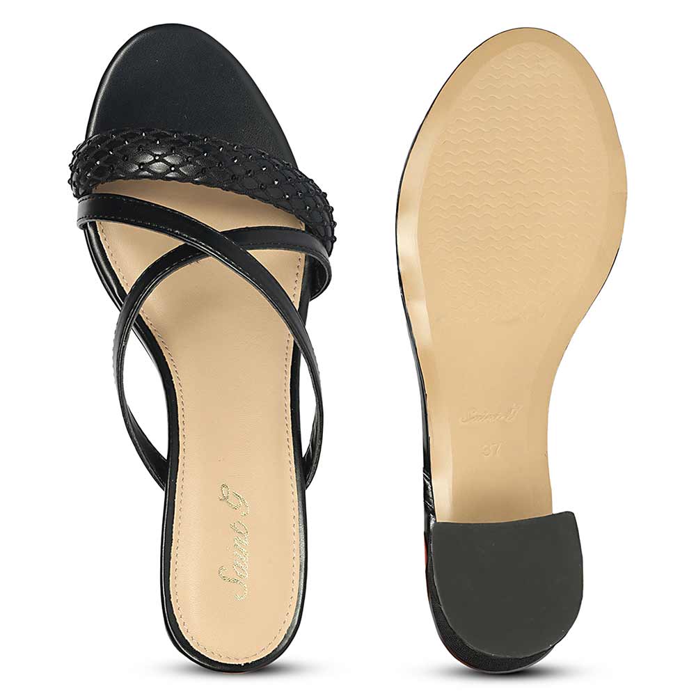 Embellished Vegan Leather Heel Sandals