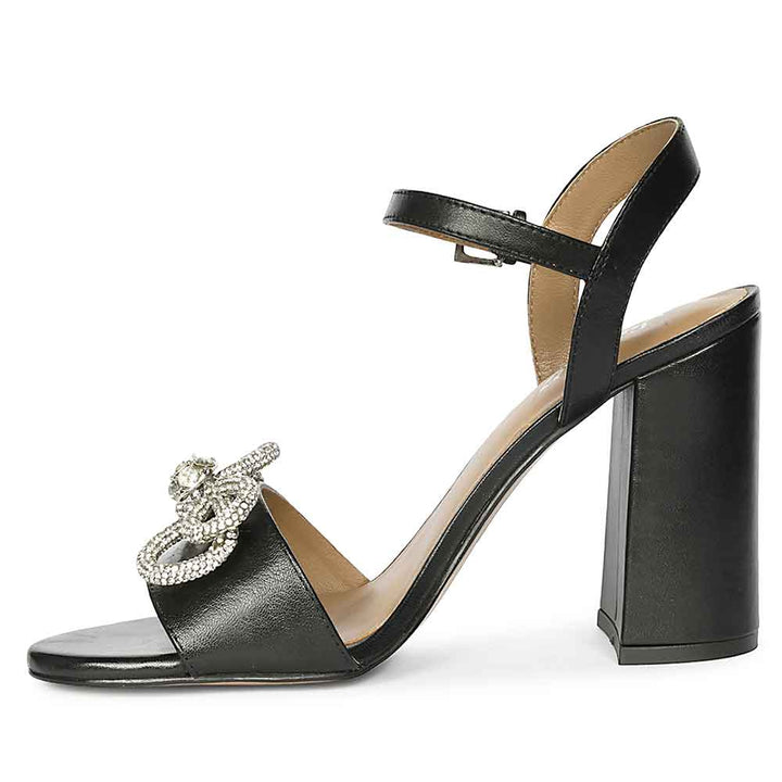 Saint Shay Crystal Bow Black Leather Block Heels