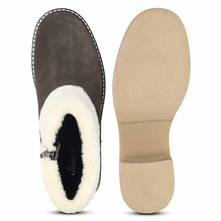 Saint Glacienne Charcoal Suede Leather Fur Cuff Ankle Boots