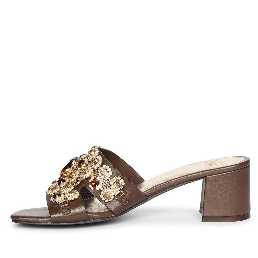 Saint Fiorenza Stone Embroidered Brown Leather Block Heels