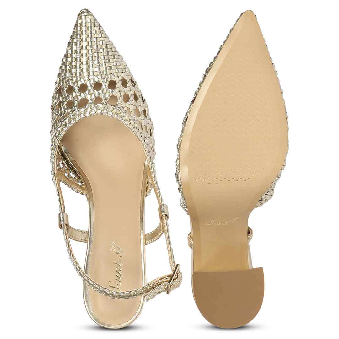 Saint Felicia Gold Woven Leather Block Heels