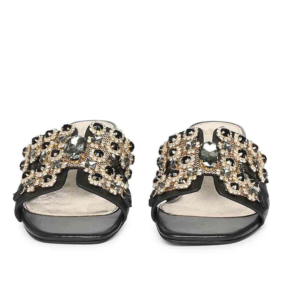 Saint Fiorenza Stone Embroidered Black Leather Block Heels