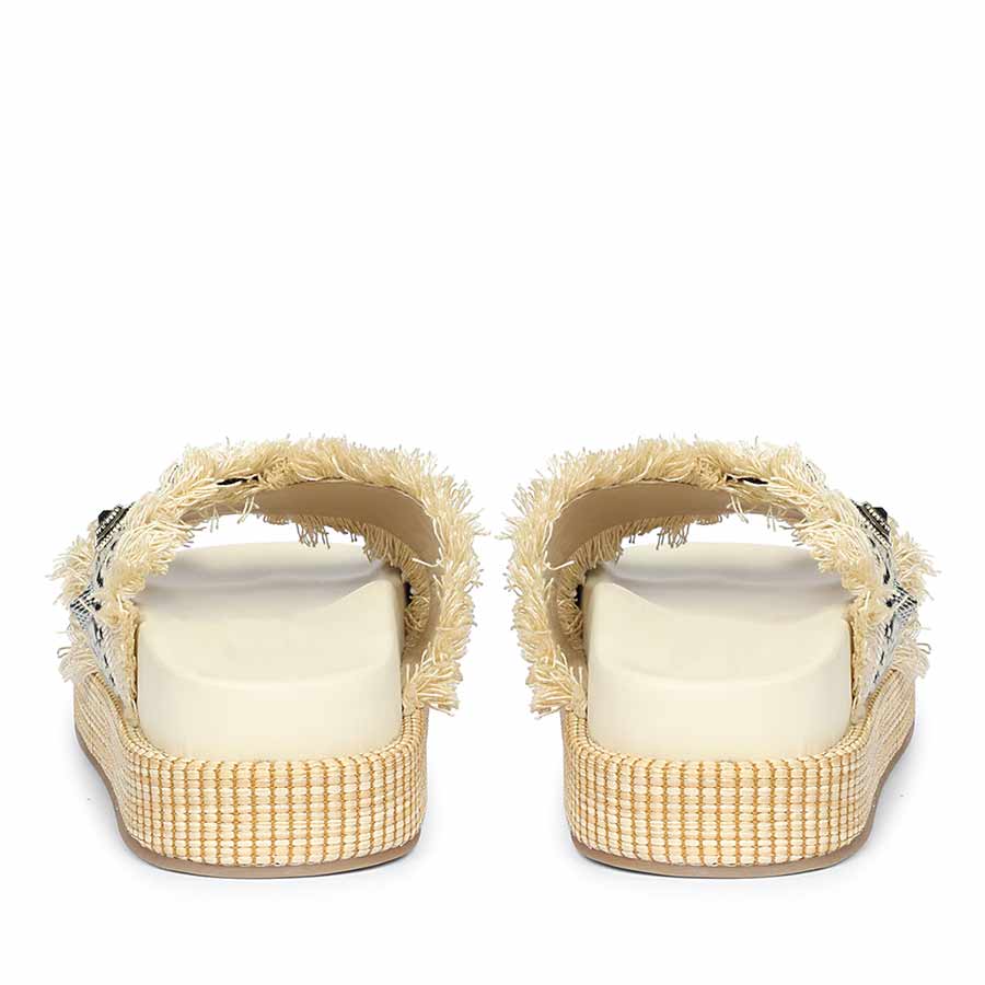 Saint Lenora Raffia Fringe Beige Leather Platform Sandals