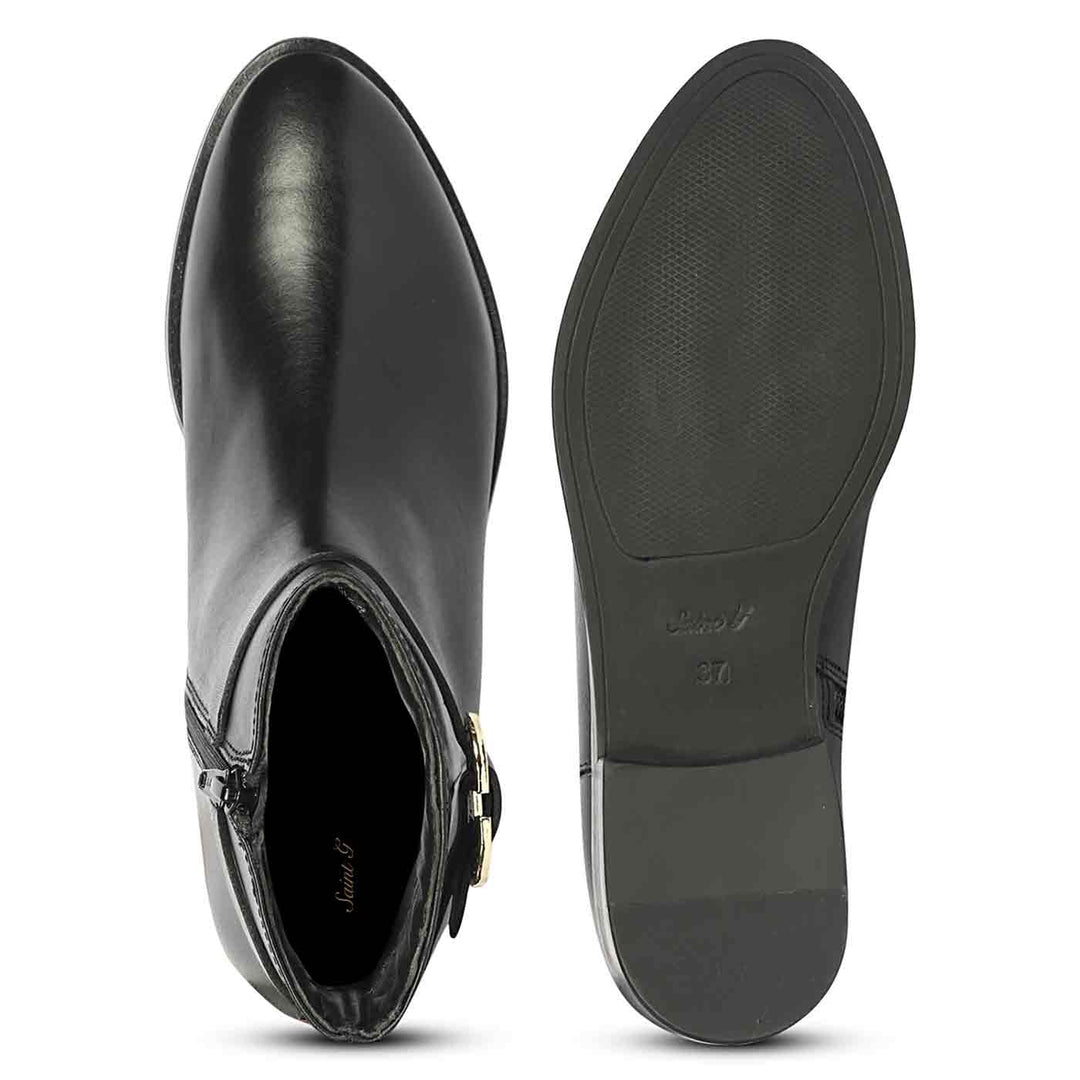 Saint Reese Black Leather Gold Buckle Decor Ankle Boots