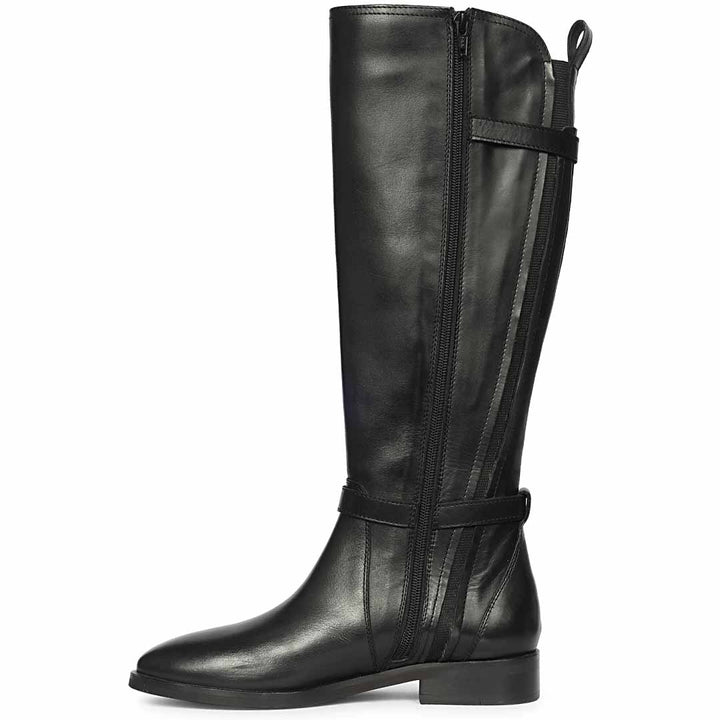 Saint Darla Dual Gold Buckle Accents Black Leather Long Boots