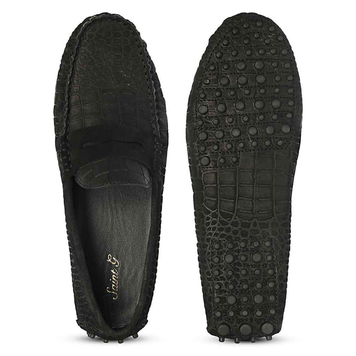Saint Tobias Croco-Embossed Black Leather Saddle Loafers