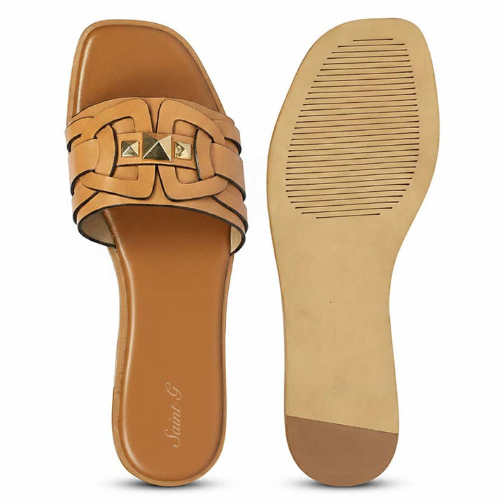 Designer tan leather slides