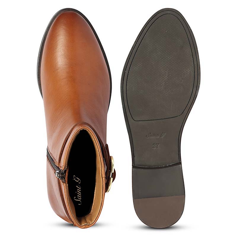 Saint Reese Tan Leather Gold Buckle Decor Ankle Boots