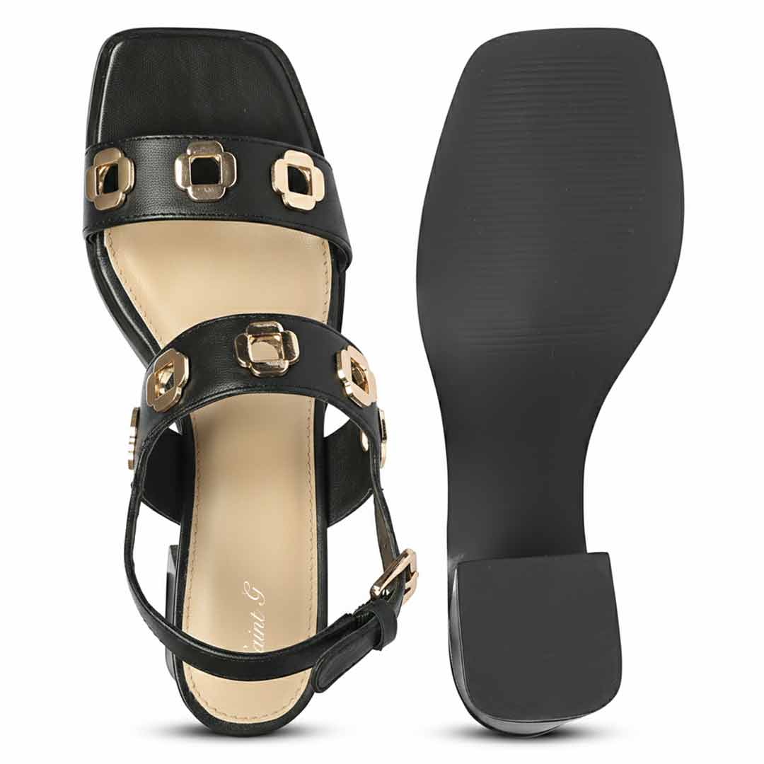 Saint Alviera Gold Flower Eyelets Black Leather Block Heels