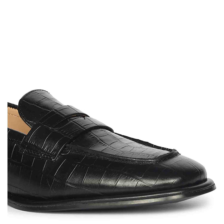 Saint Carla Croco Embossed Black Leather Moccasins