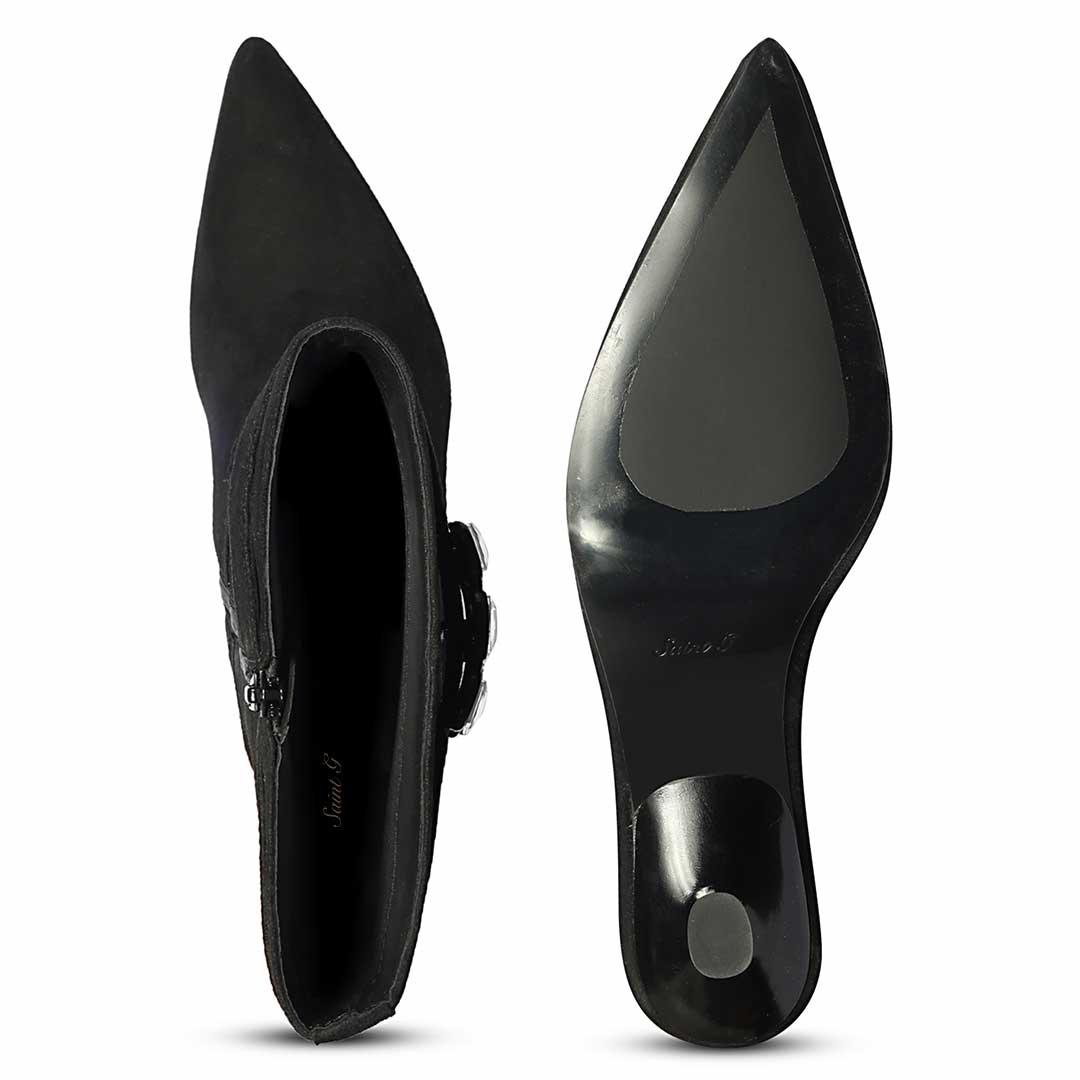 Saint Valeria Crystal Buckle Black Suede Leather Long Boots