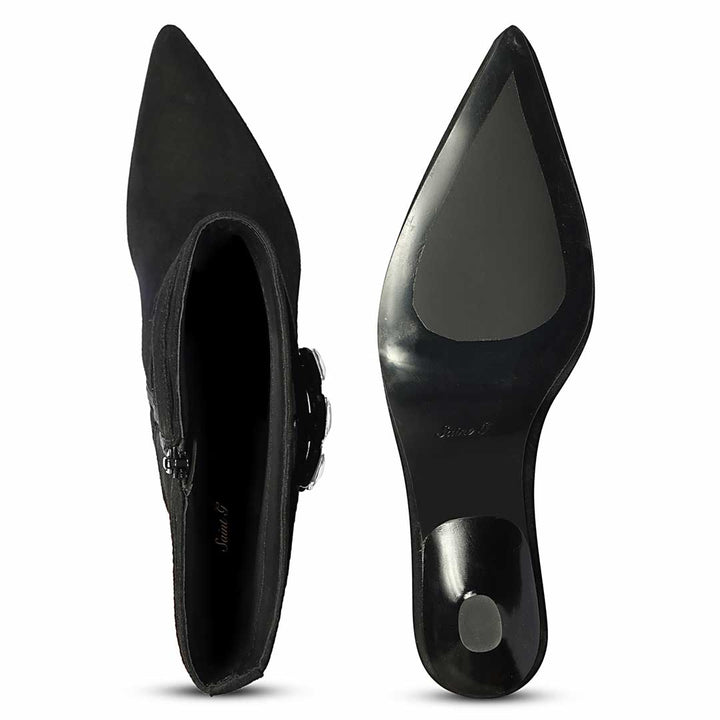 Saint Valeria Crystal Buckle Black Suede Leather Long Boots