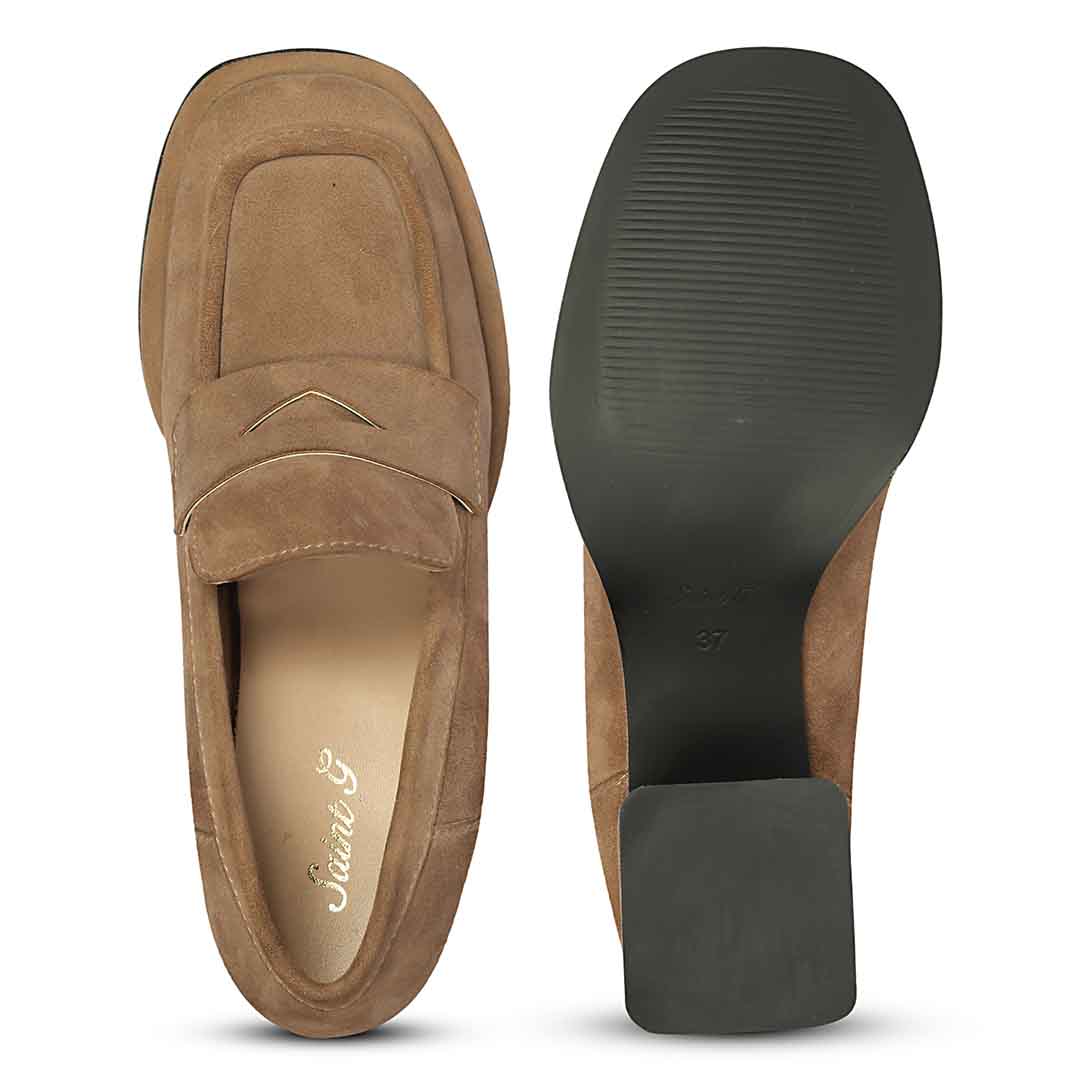 Saint Viviana Dark Taupe Suede Leather Block Heel Moccasins