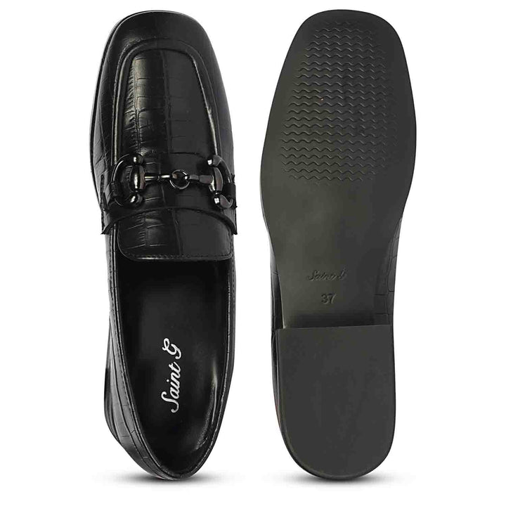 Saint Jacqueline Croc Embossed Black Leather Moccasins