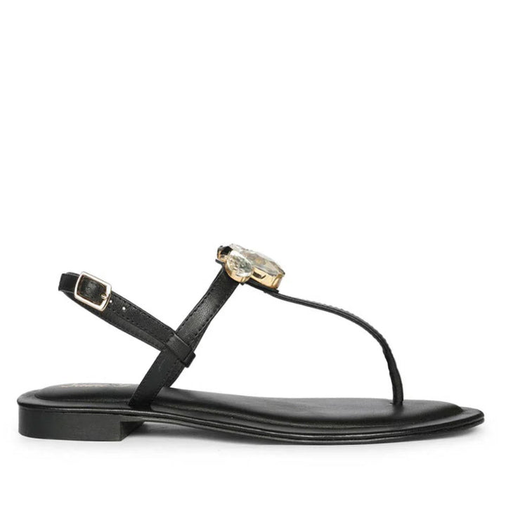 Saint Elara Stone Embellished Black Leather Sandals