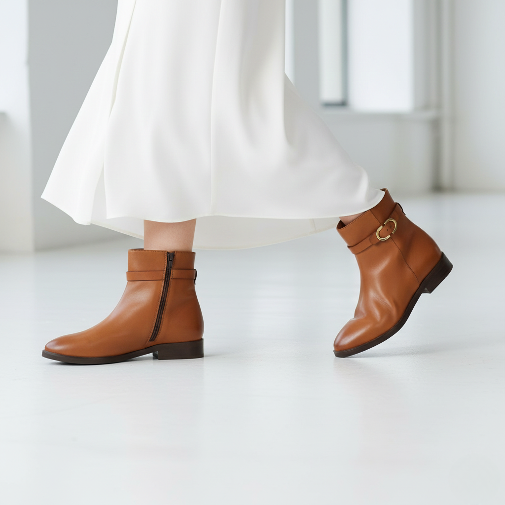 Saint Reese Tan Leather Gold Buckle Decor Ankle Boots