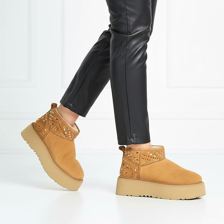 Saint Eislyn Studded Tan Suede Leather Platform Boots
