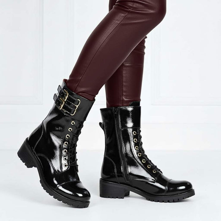 Saint Alba Black Crinkle Patent Leather Lace Up High Ankle Boots