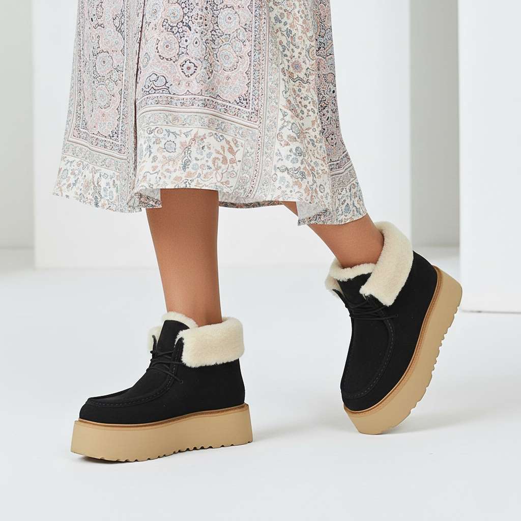 Saint Svaline Black Suede Leather Fur-Lined Platform Boots