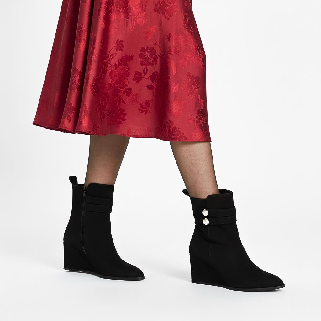 Saint Rosabel Pearl Black Suede Leather Wedge Ankle Boots