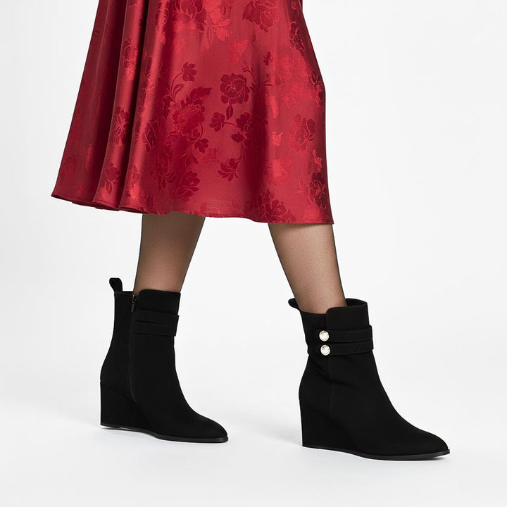 Saint Rosabel Pearl Black Suede Leather Wedge Ankle Boots