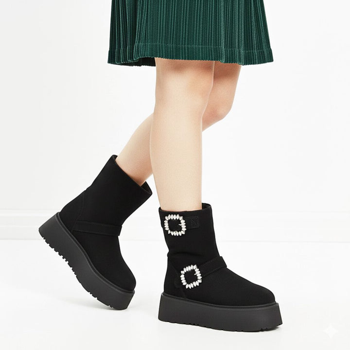 Saint Nordova Crystal Buckle Black Suede Leather Snug Boots