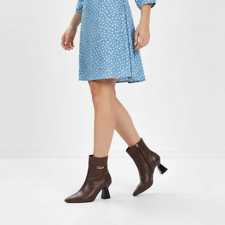 Saint Madelyn Brown Leather Chain Decor Pointed Toe Ankle Boots