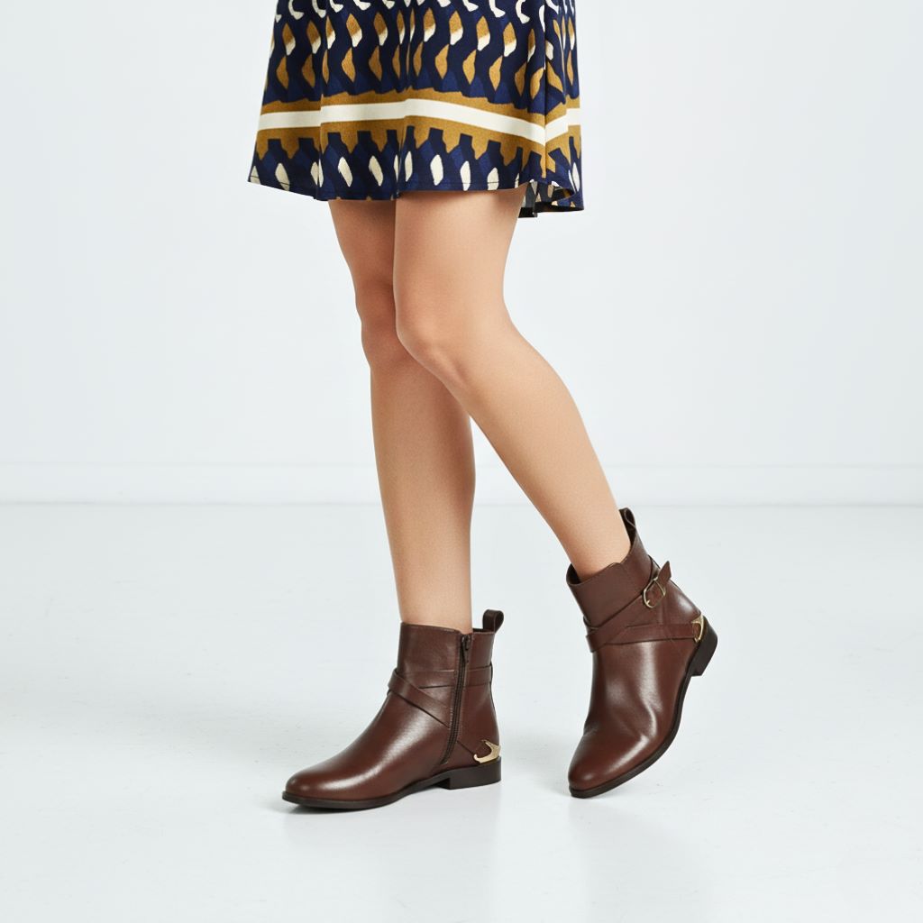 Saint Cathie Buckle Decor Brown Leather Ankle Boots