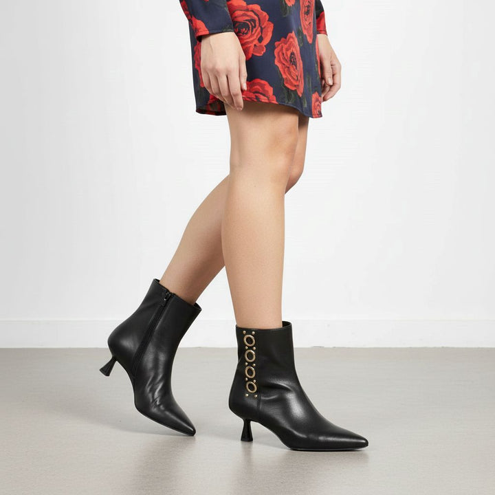 Saint Noelle Embellished Black Leather Kitten Heel Ankle Boots